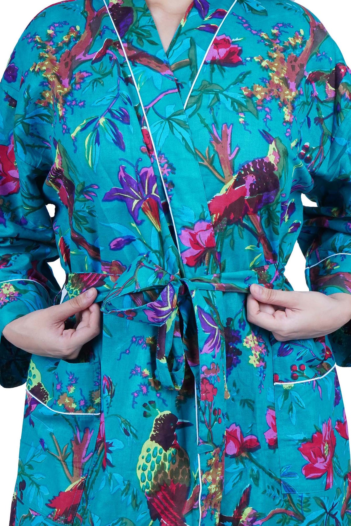 Plus Size Teal Blue Birds Long Cotton Kimono Dressing Gown