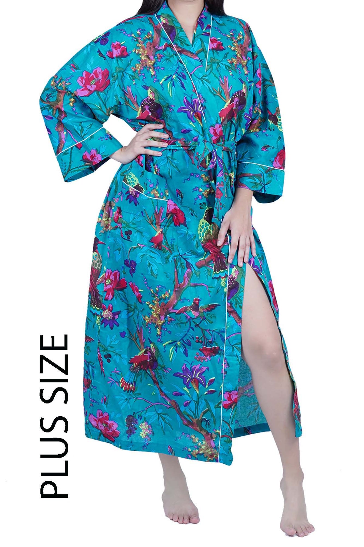 Plus Size Teal Blue Birds Long Cotton Kimono Dressing Gown