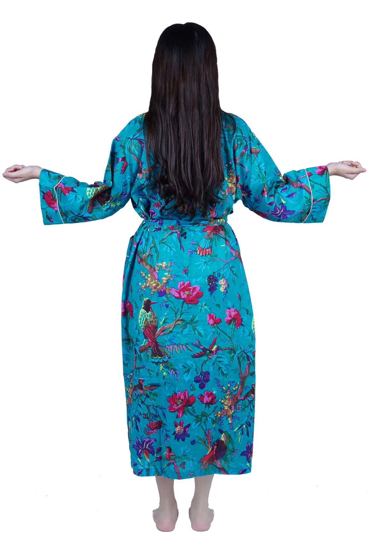 Plus Size Teal Blue Birds Long Cotton Kimono Dressing Gown