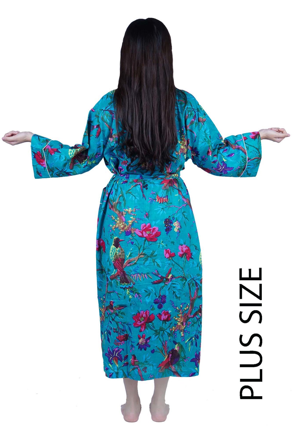 Plus Size Teal Blue Birds Long Cotton Kimono Dressing Gown