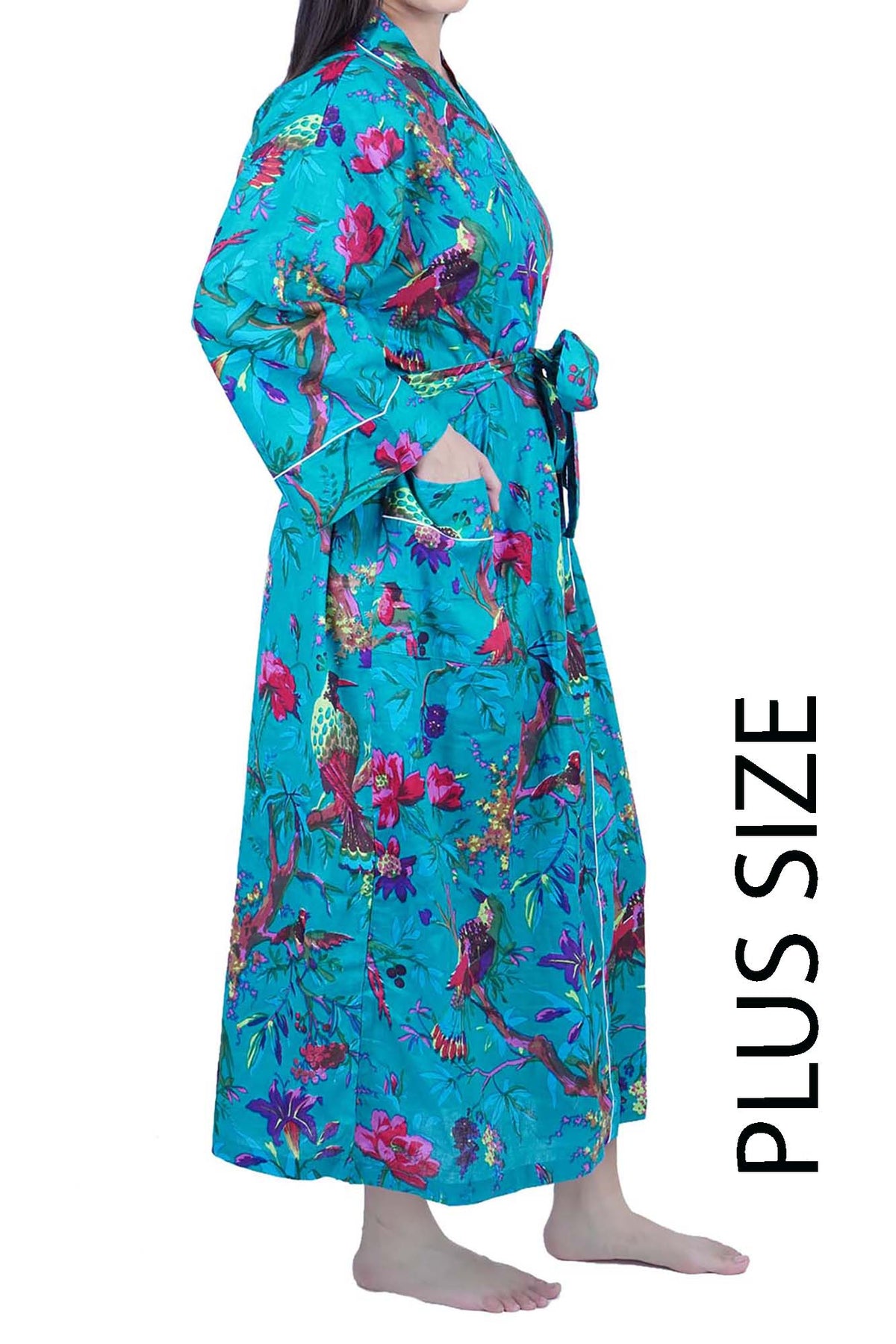 Plus Size Teal Blue Birds Long Cotton Kimono Dressing Gown