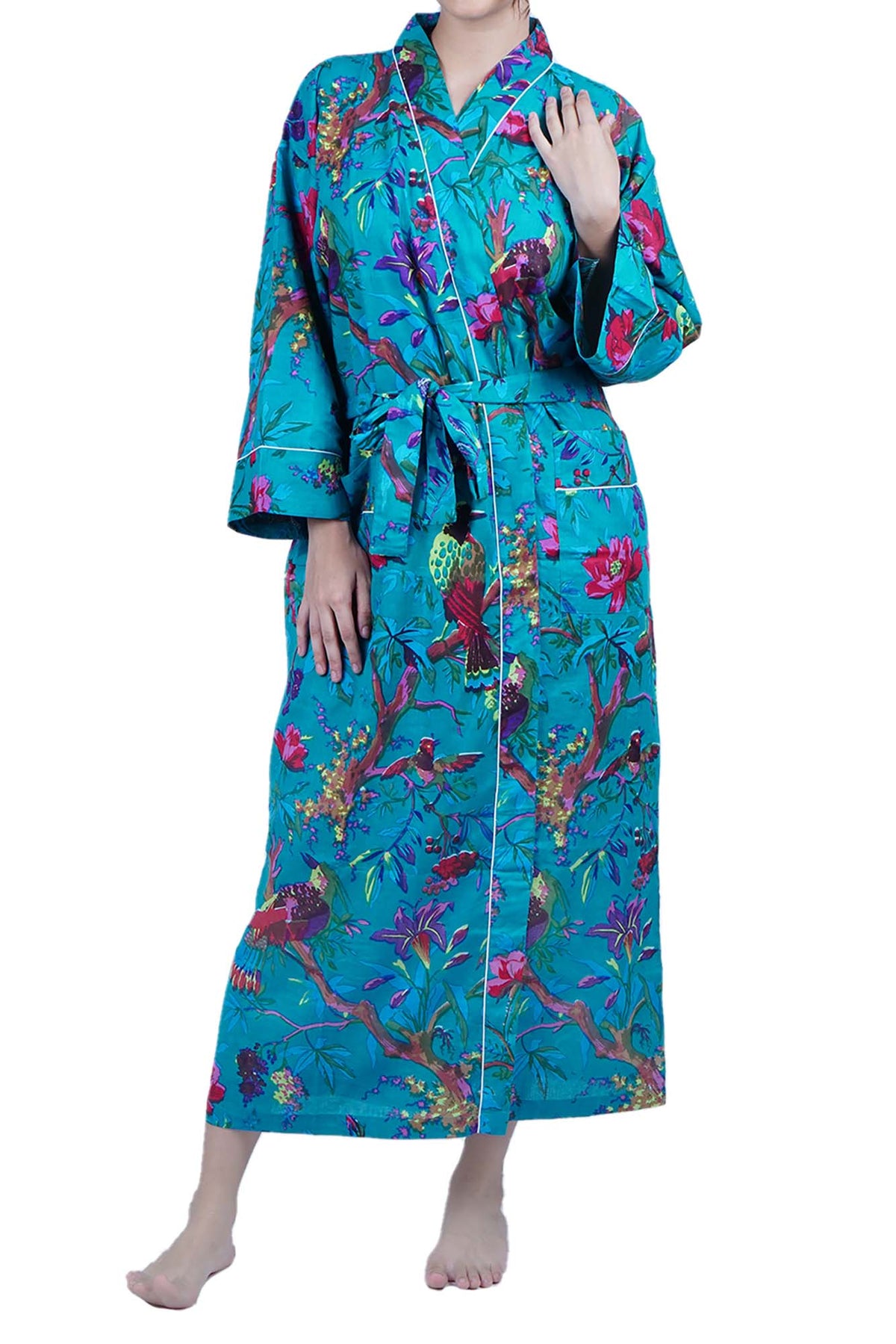 Plus Size Teal Blue Birds Long Cotton Kimono Dressing Gown