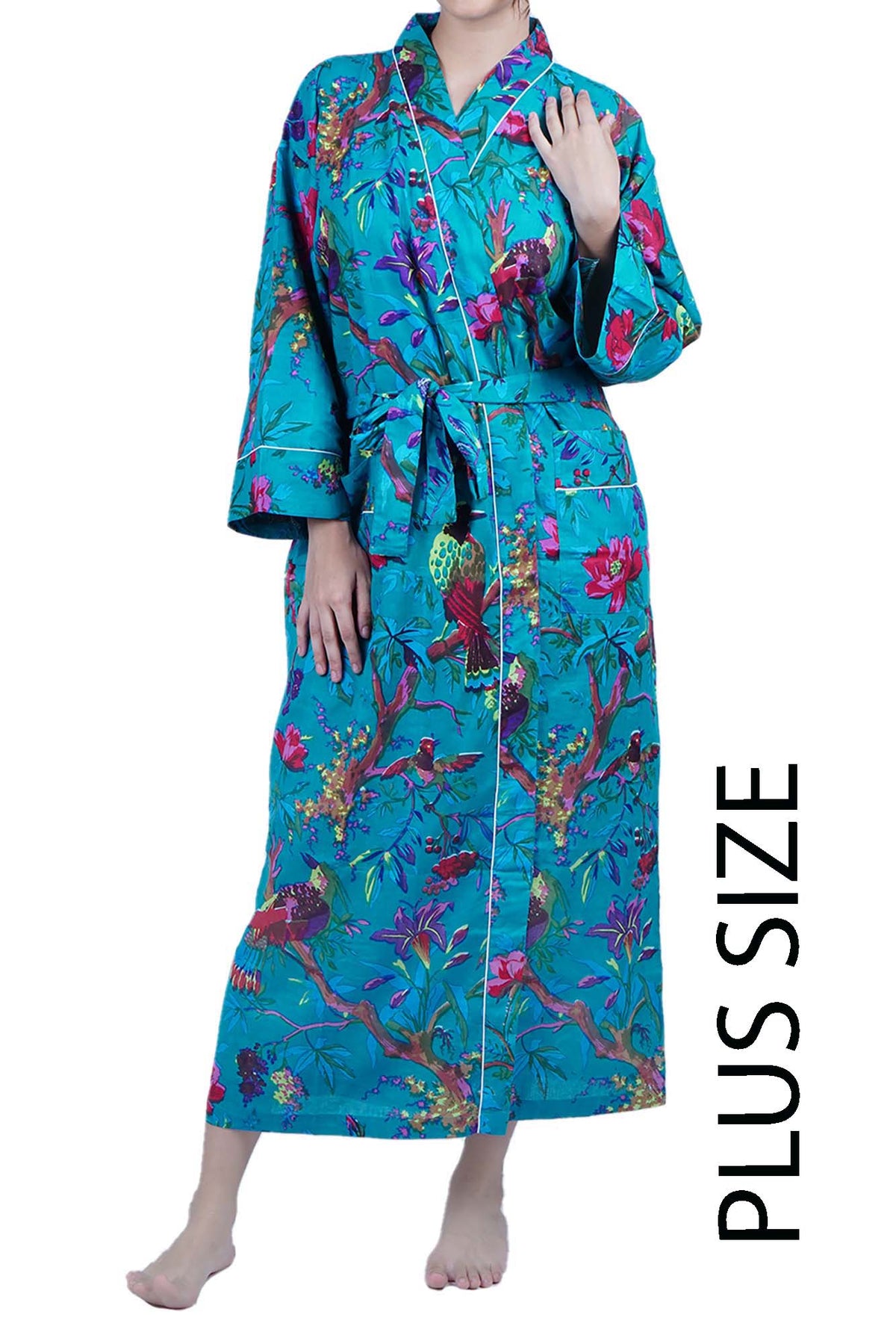 Plus Size Teal Blue Birds Long Cotton Kimono Dressing Gown