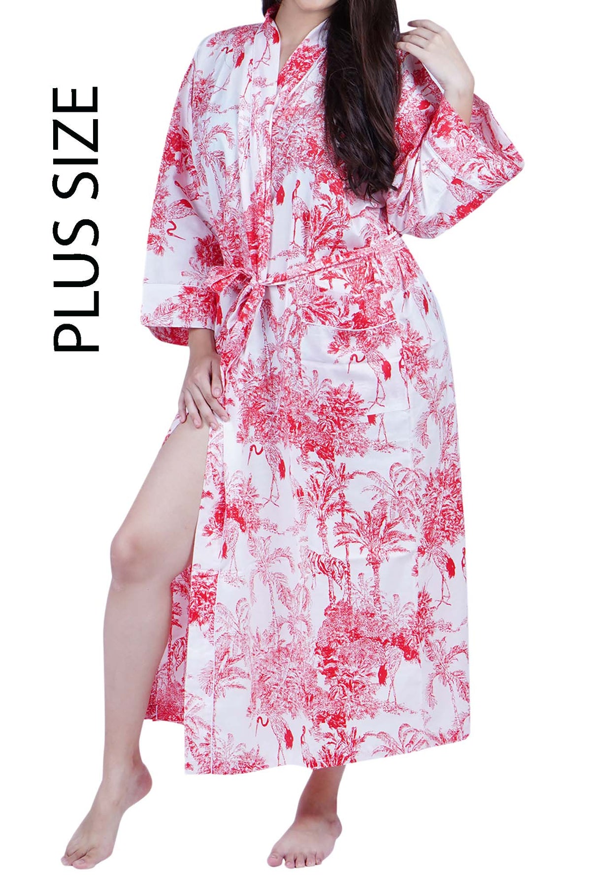 Plus Size Red & White Jungle Print Long Cotton Kimono Dressing Gown