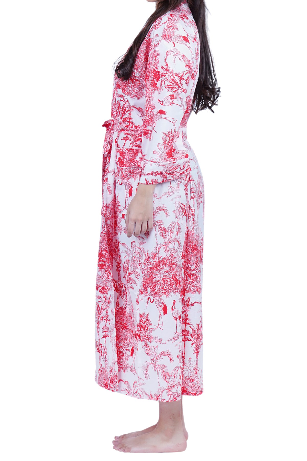 Plus Size Red & White Jungle Print Long Cotton Kimono Dressing Gown