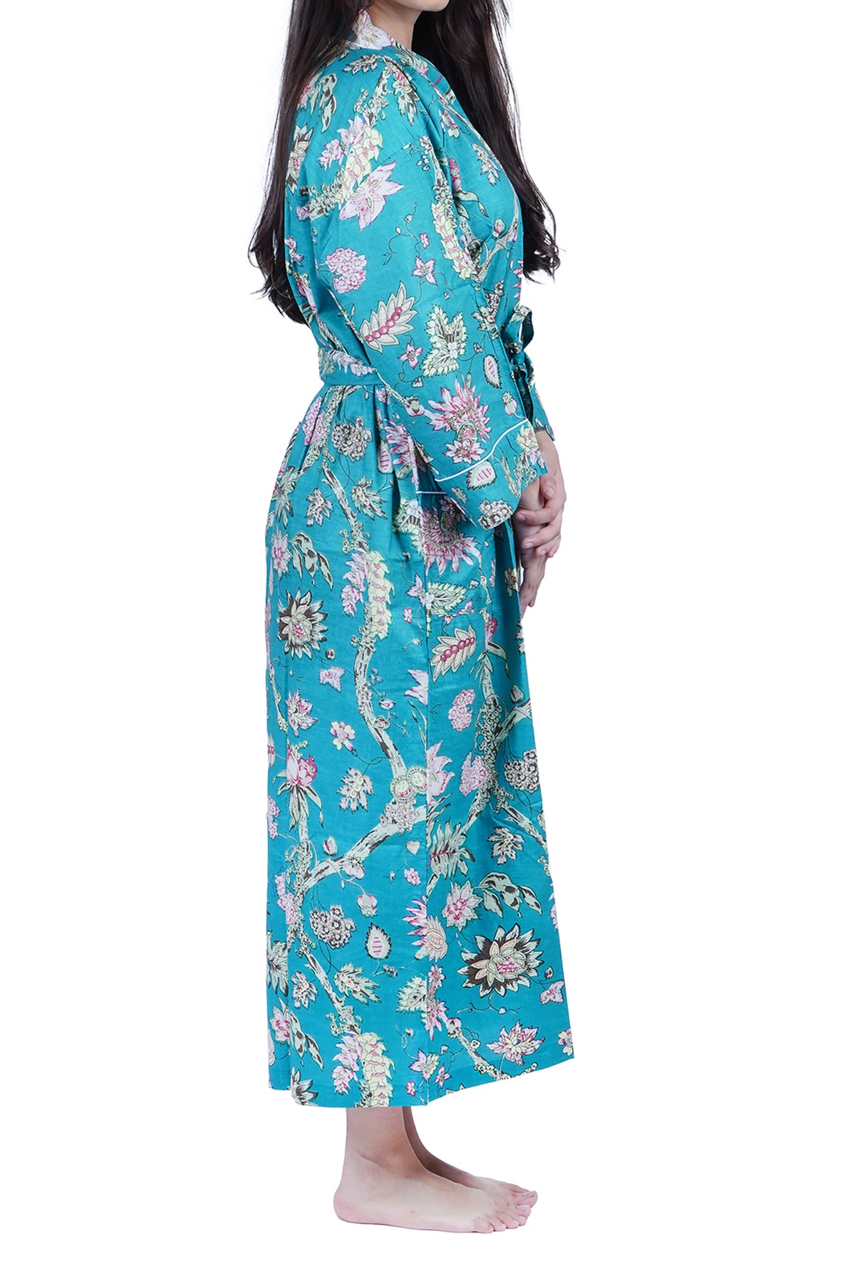 Plus Size Teal Wild Flowers Cotton Kimono Dressing Gown