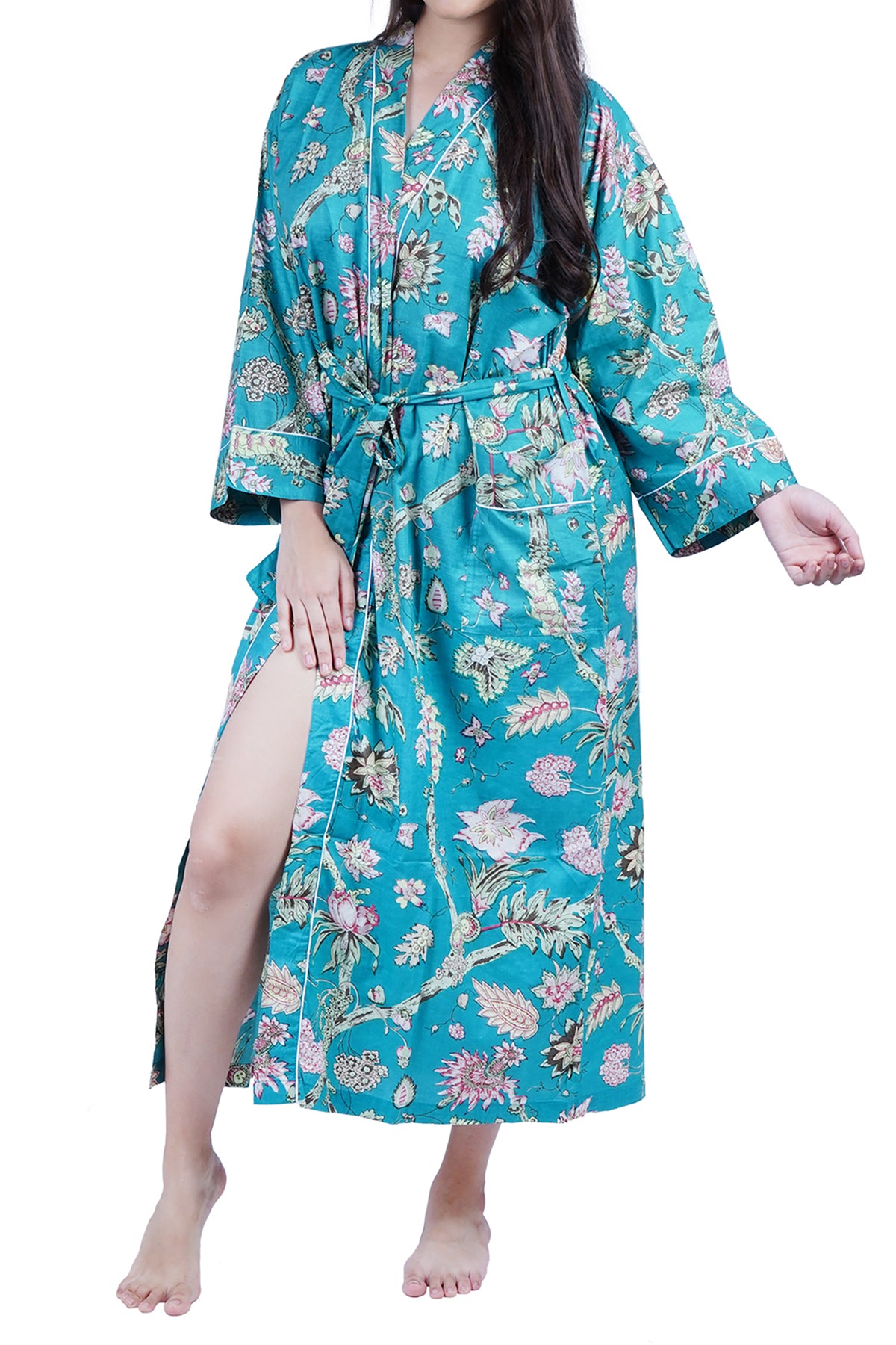 Plus Size Teal Wild Flowers Cotton Kimono Dressing Gown