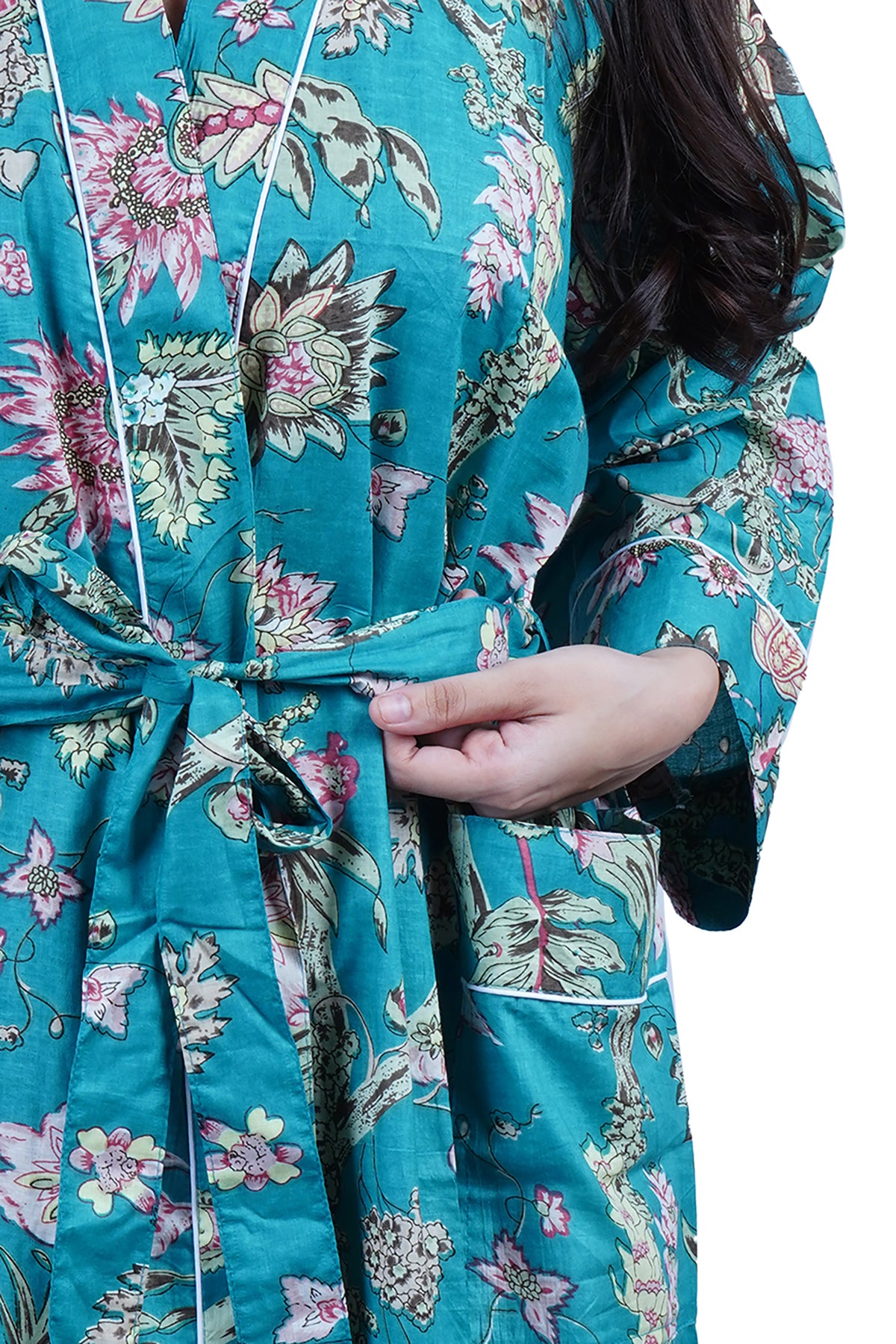 Plus Size Teal Wild Flowers Cotton Kimono Dressing Gown