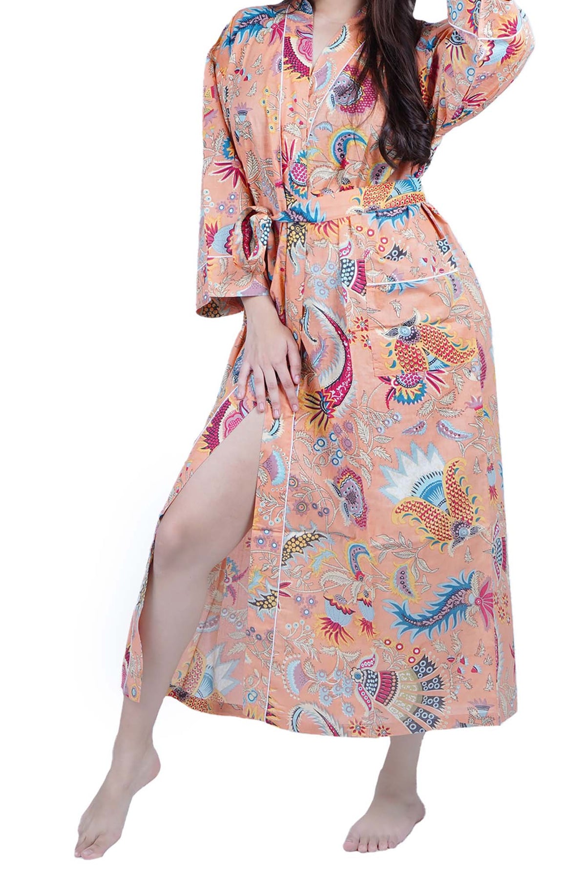 Peach Mukut Print Cotton Kimono Dressing Gown