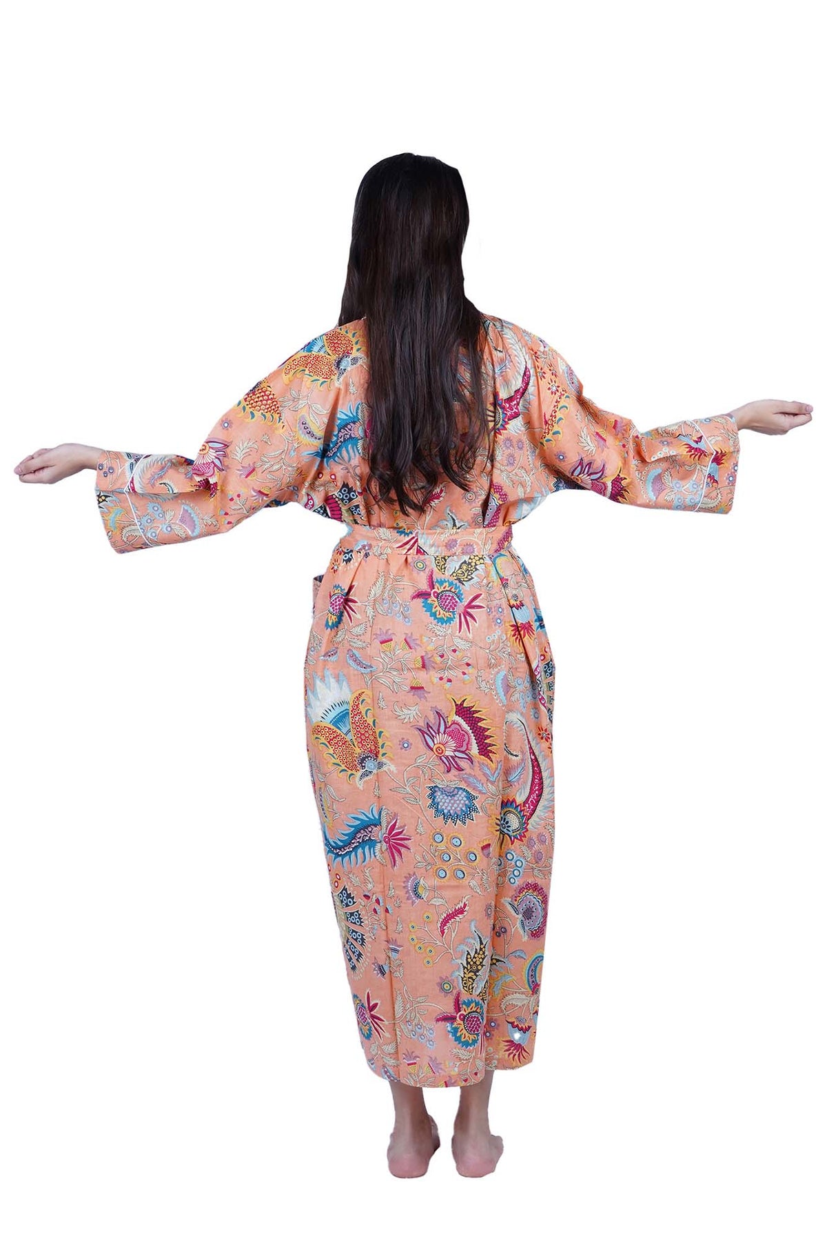 Hellrosa / pfirsichfarbener Kimono-Morgenmantel aus Baumwolle mit Mukut-Print