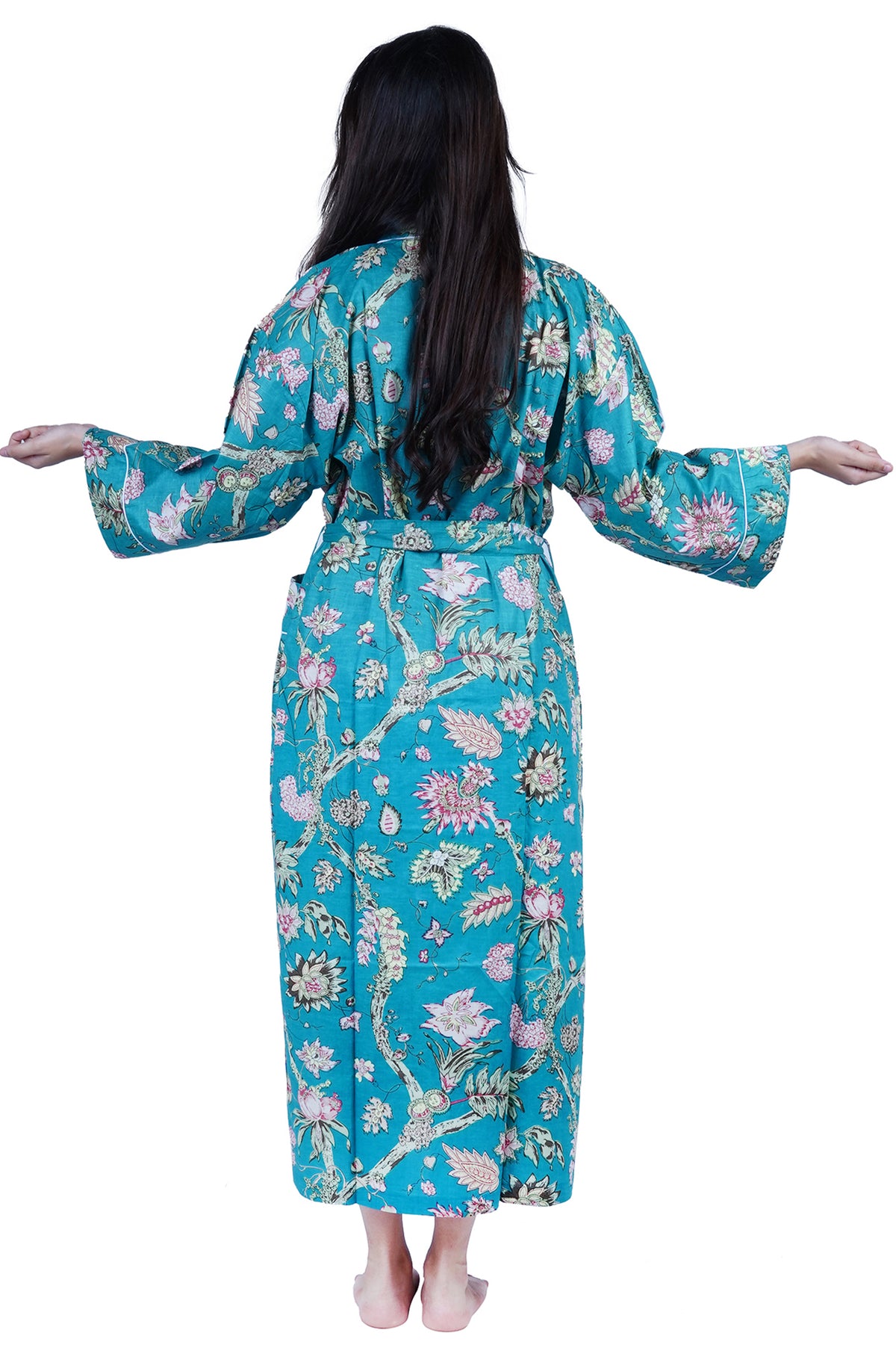 Teal Wild Flowers Long Cotton Kimono Dressing Gown