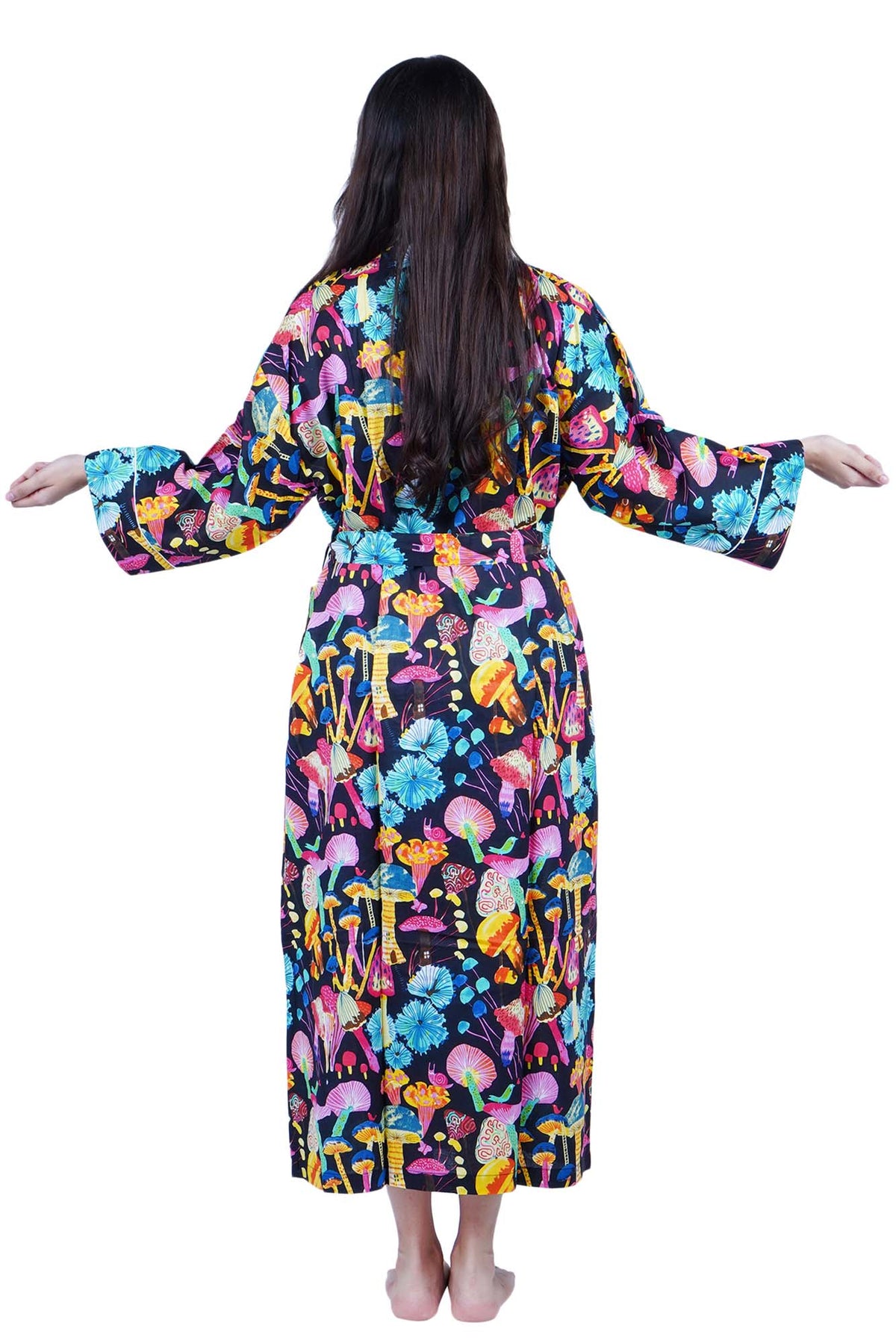 Multicolored Mushroom Pattern Long Cotton Kimono Dressing Gown