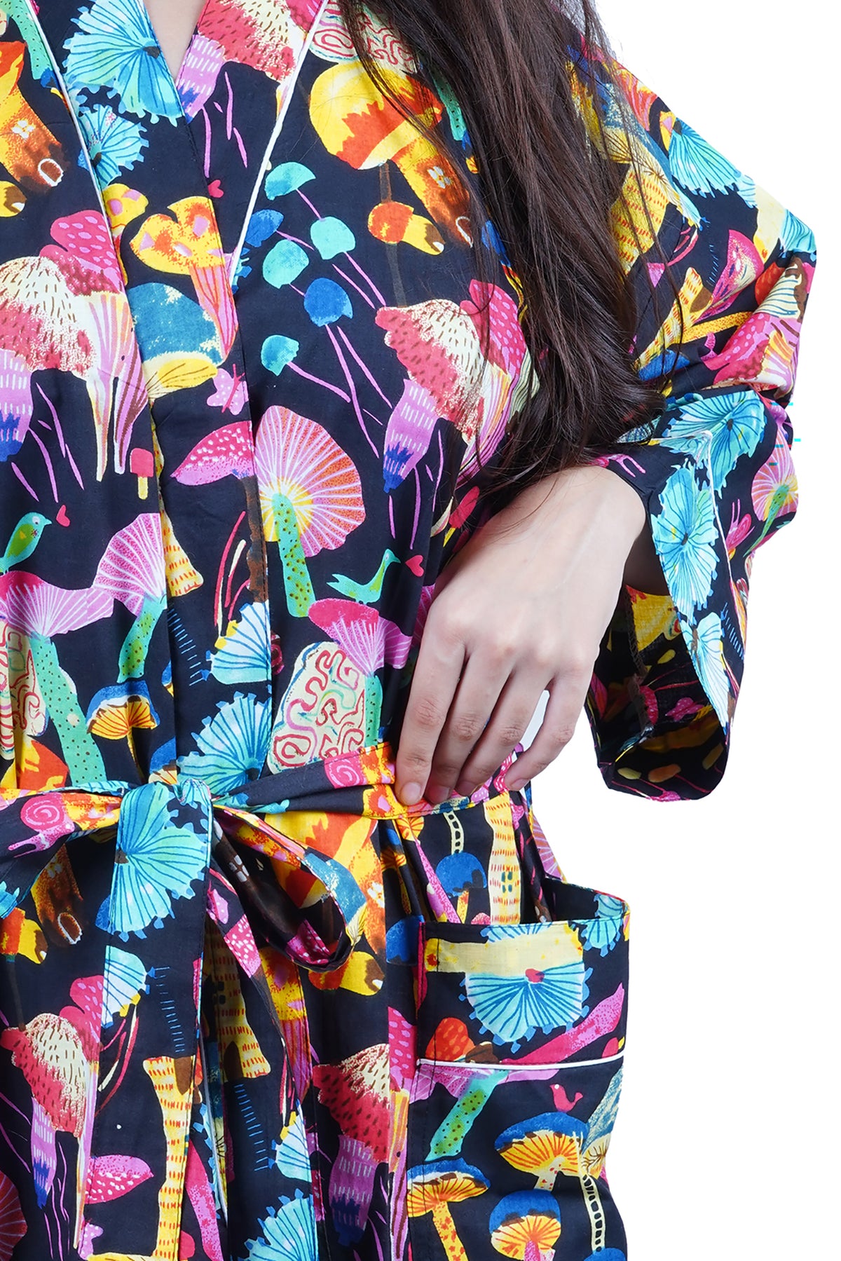 Multicolored Mushroom Pattern Long Cotton Kimono Dressing Gown