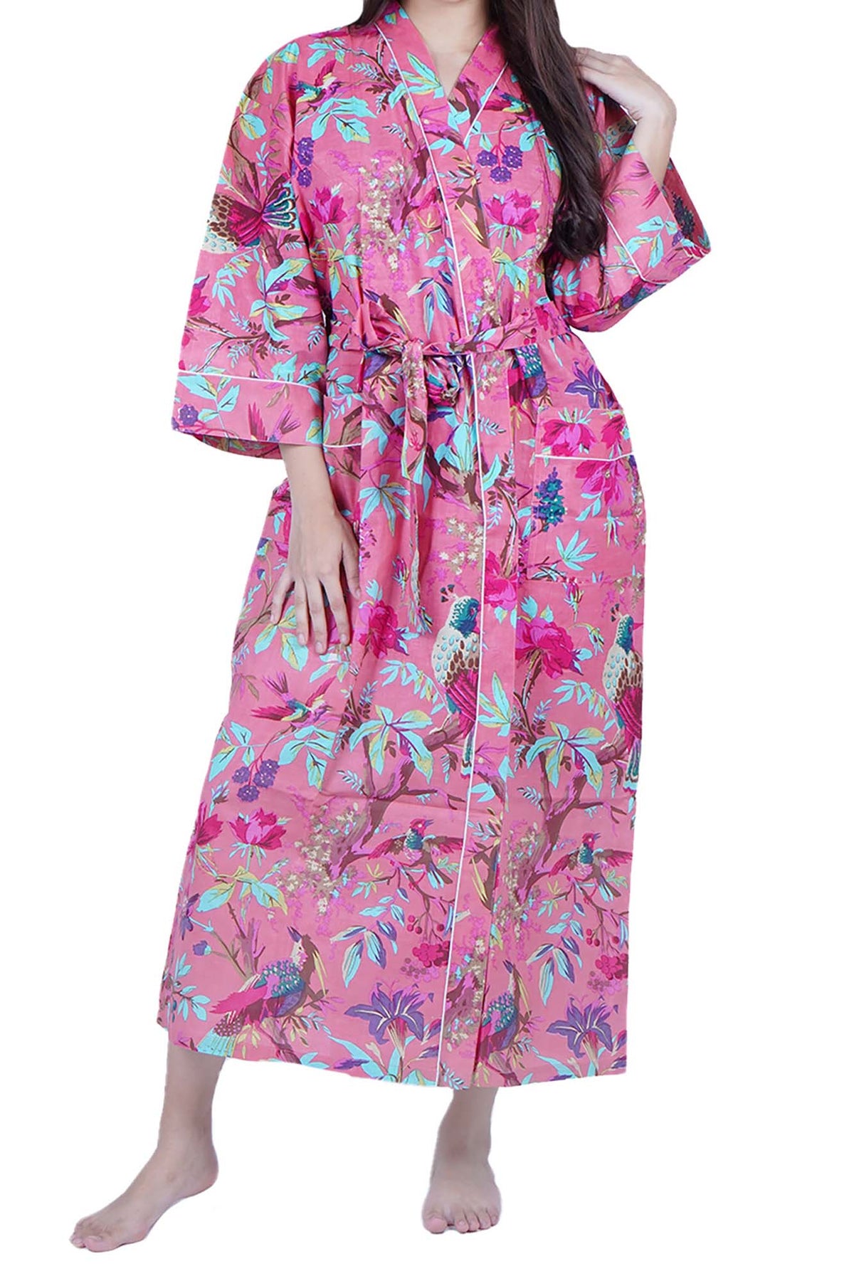 Georgia Peach Tropical Birds Print Cotton Kimono Dressing Gown