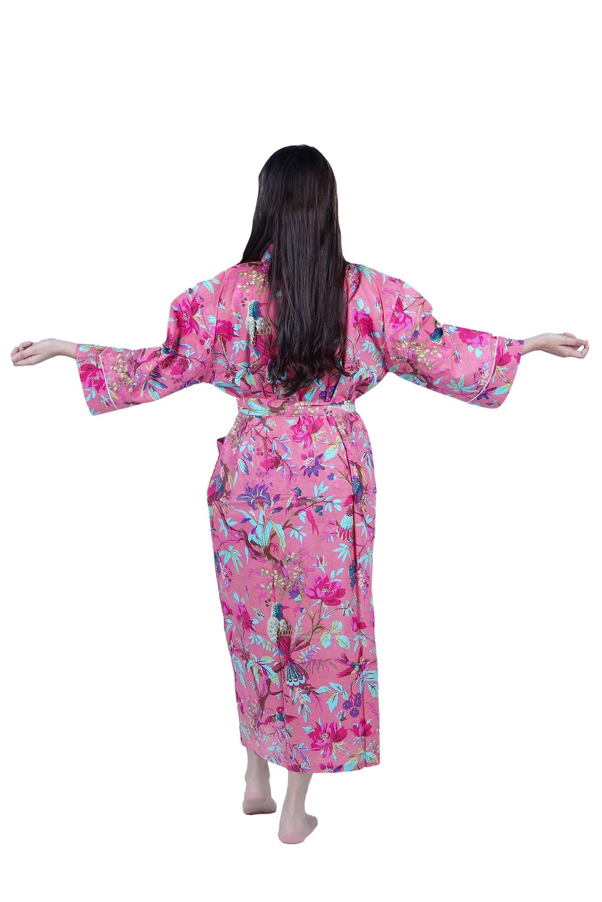 Georgia Peach Tropical Birds Print Cotton Kimono Dressing Gown