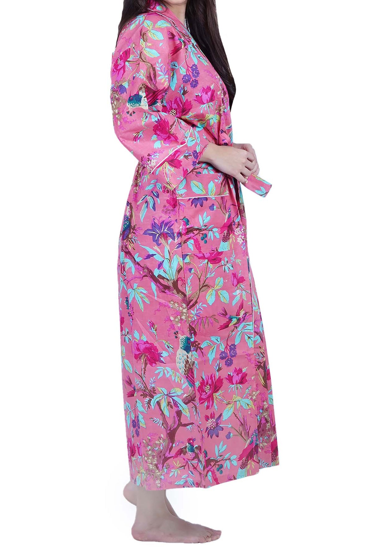 Georgia Peach Tropical Birds Print Cotton Kimono Dressing Gown