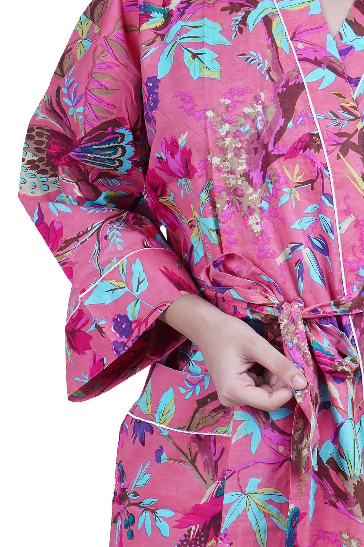 Georgia Peach Tropical Birds Print Cotton Kimono Dressing Gown