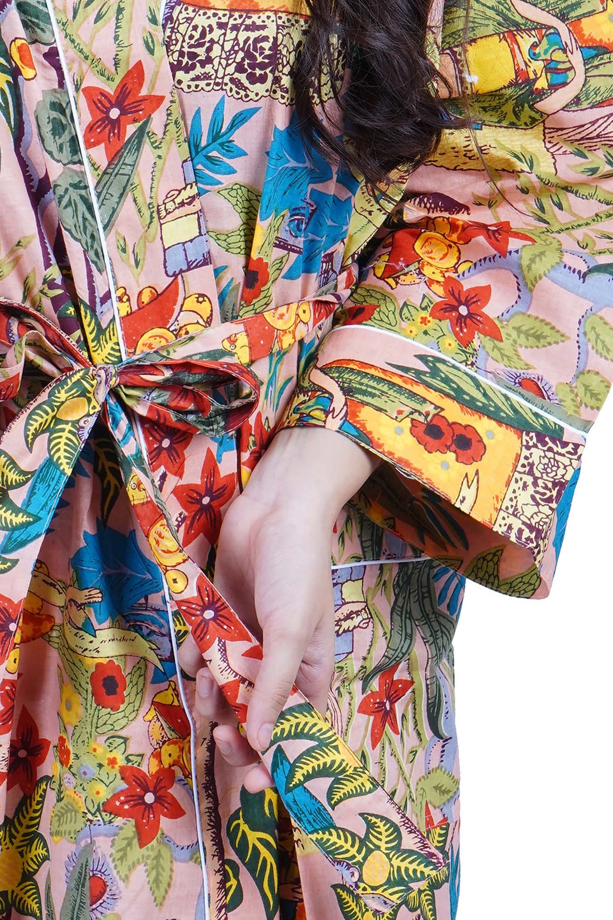 Peach Frida Kahlo Cotton Kimono Dressing Gown