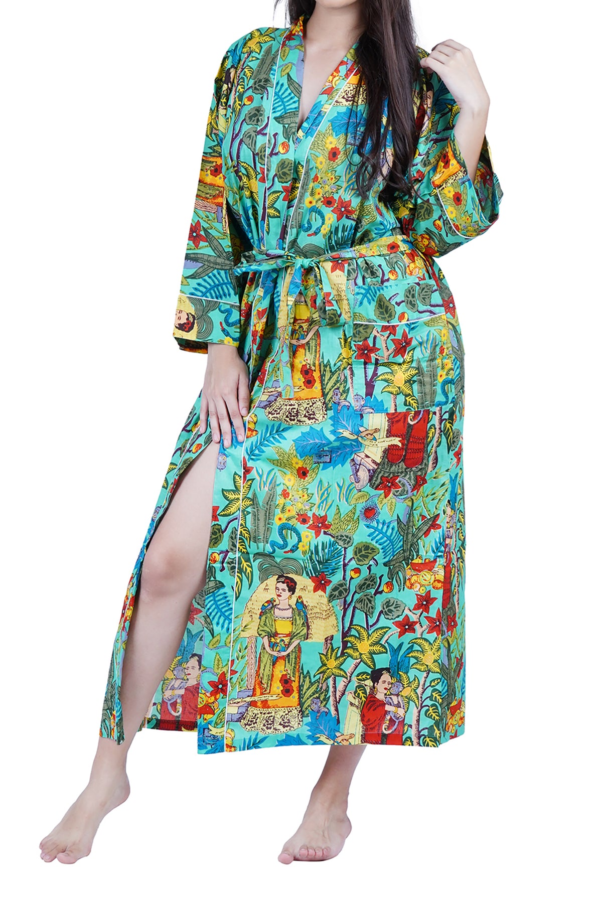 Light Green Frida Kahlo Floral Print Cotton Kimono Dressing Gown