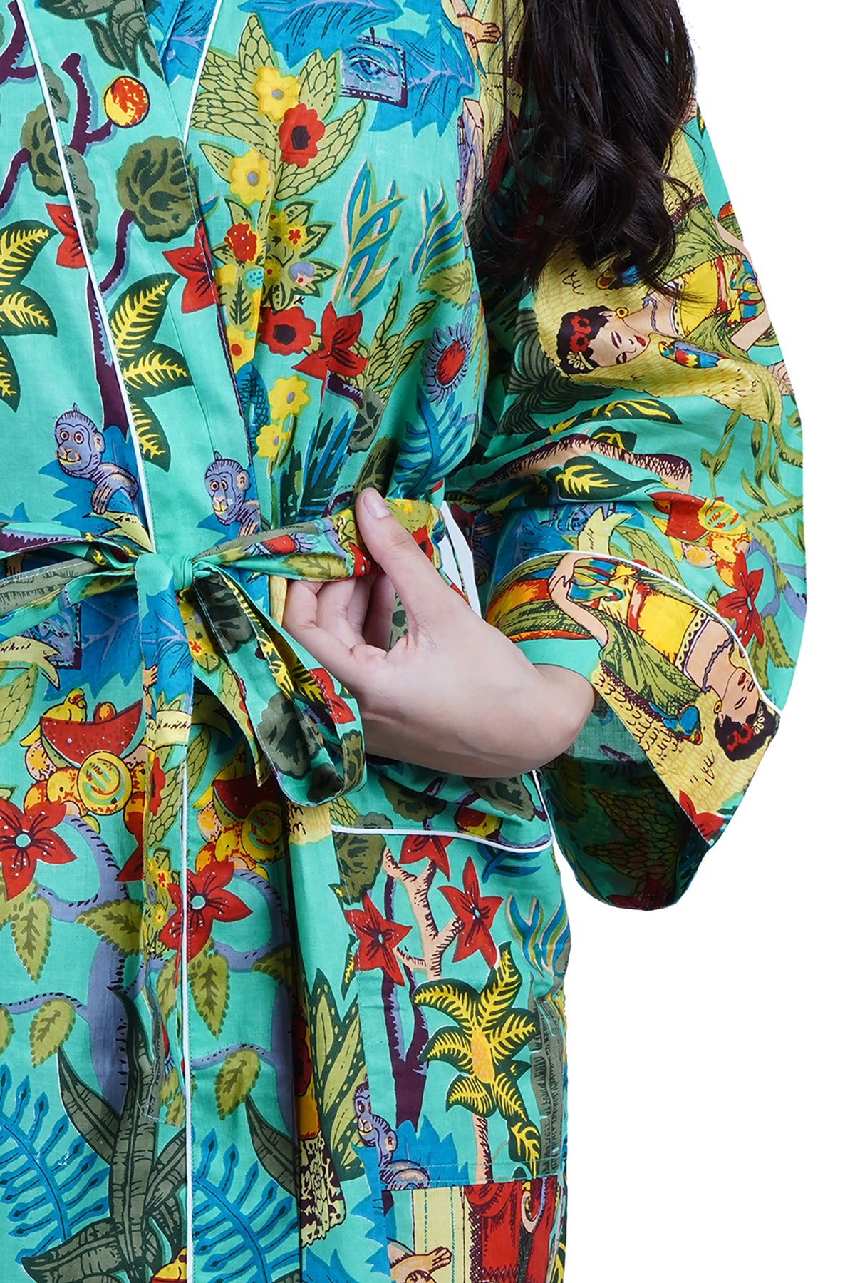 Grüner Frida Kahlo Kimono-Bademantel aus Baumwolle mit Blumenmuster