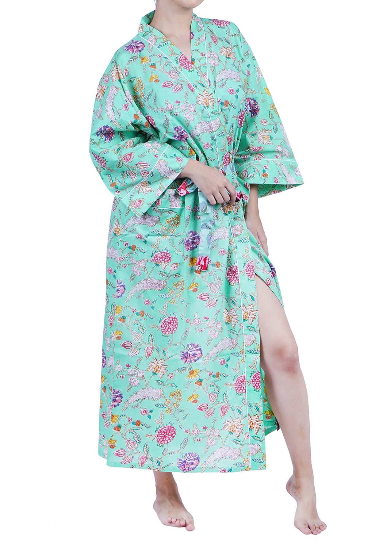 Mint Wild Flowers Cotton Kimono Dressing Gown