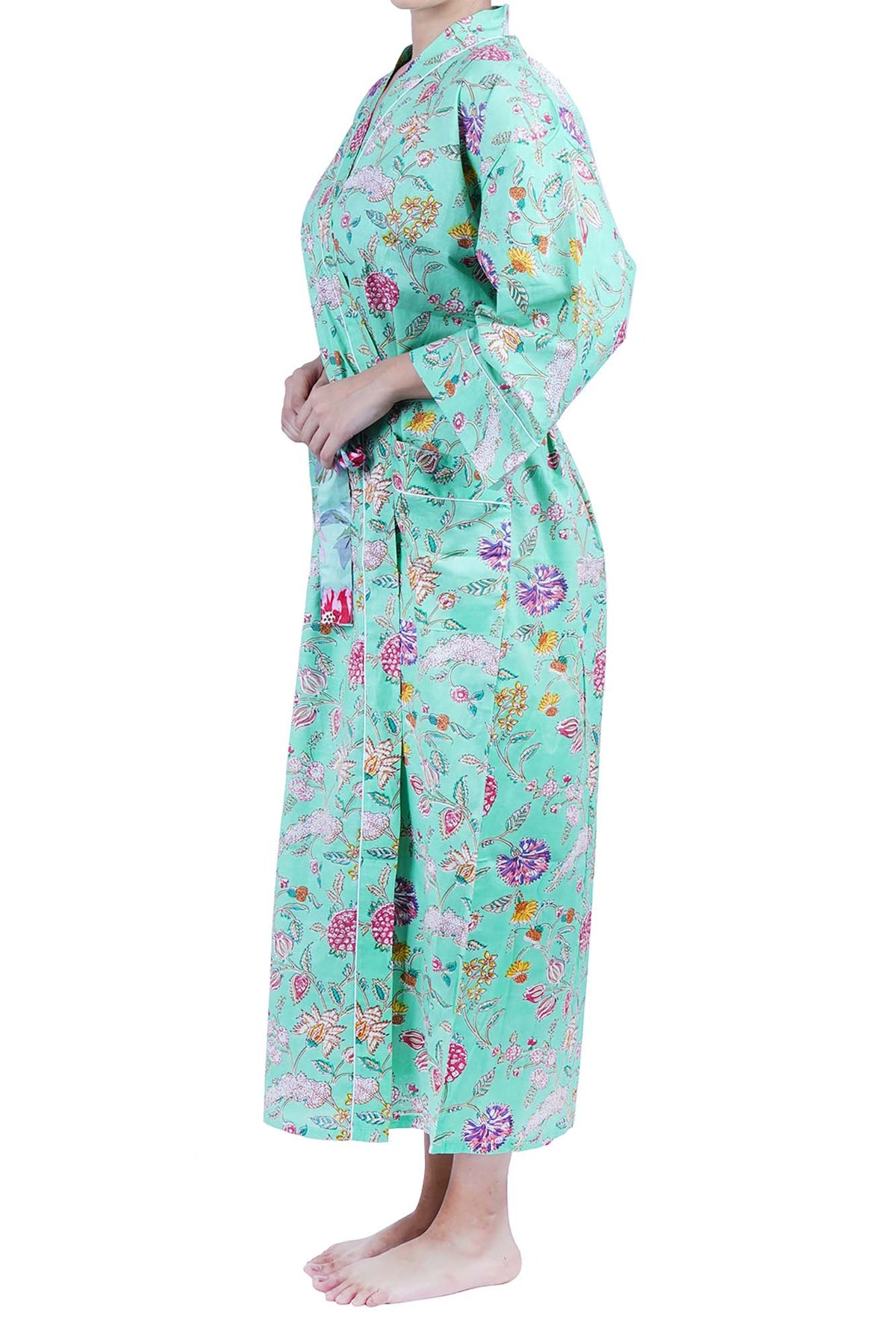 Mint Wild Flowers Cotton Kimono Dressing Gown