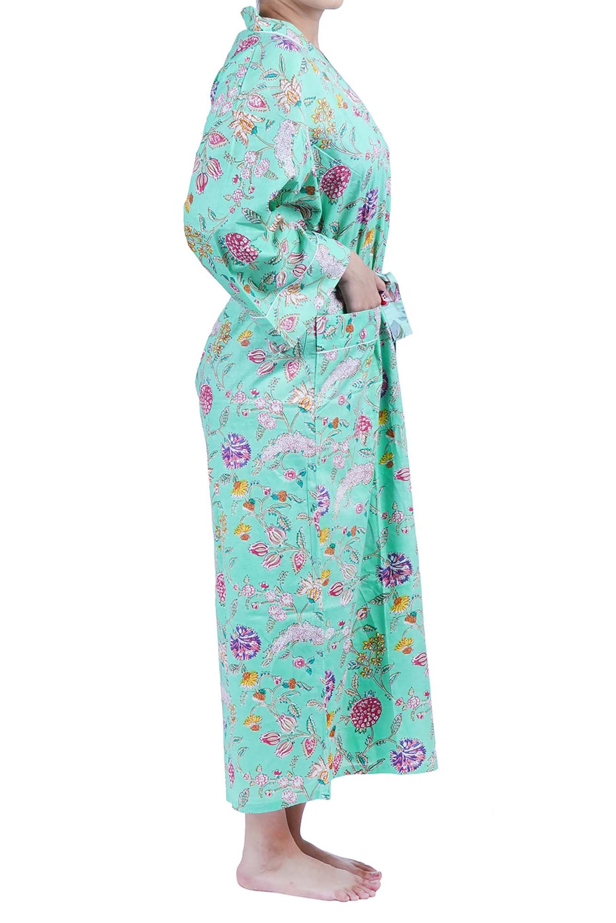 Mint Wild Flowers Cotton Kimono Dressing Gown