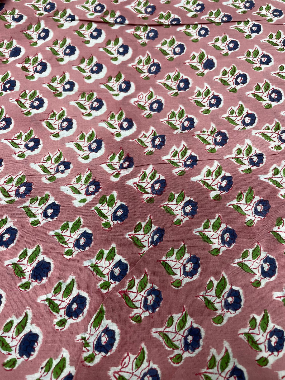 Indian Hand Block Print Blue Flowers On Peach 100% Cotton Fabric Design 359