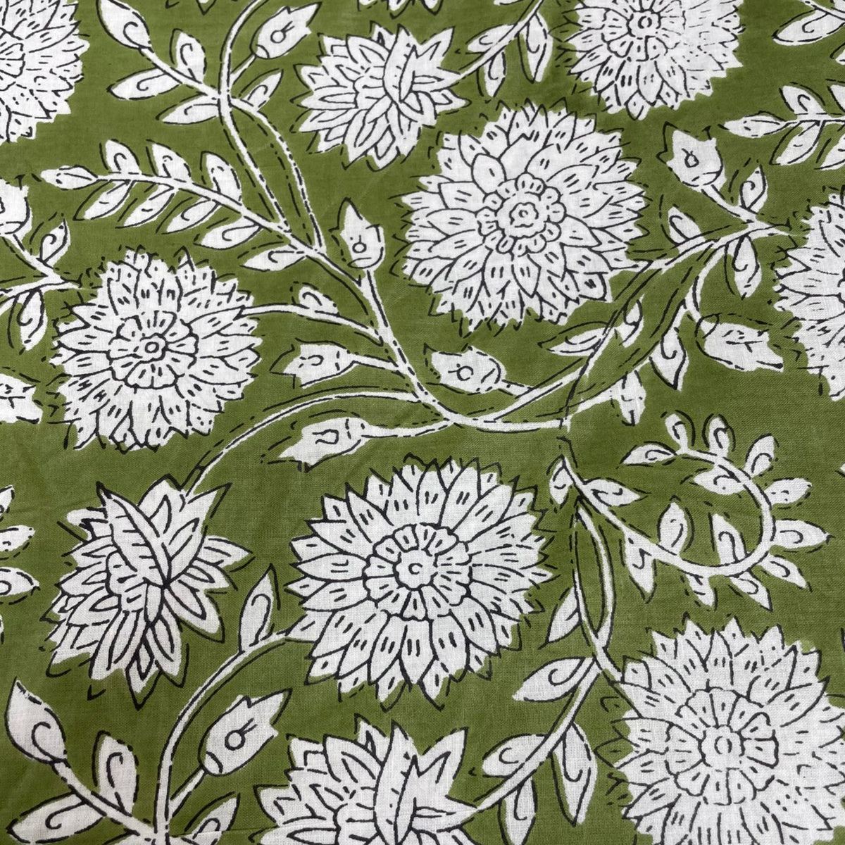 Indian Hand Block Printed Green Floral 100% Cotton Women Dress Fabric Design 27