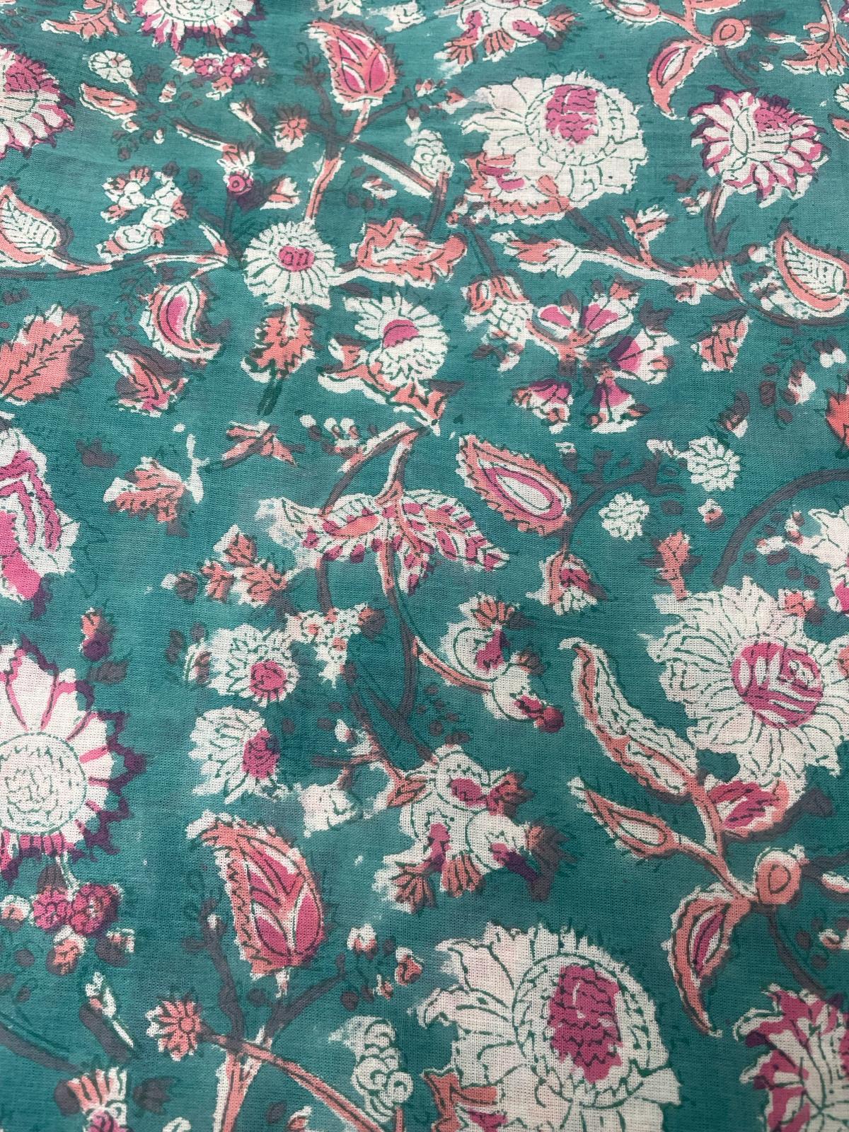 Block Print Fabric - Red Flowers On Teal( Design 468)