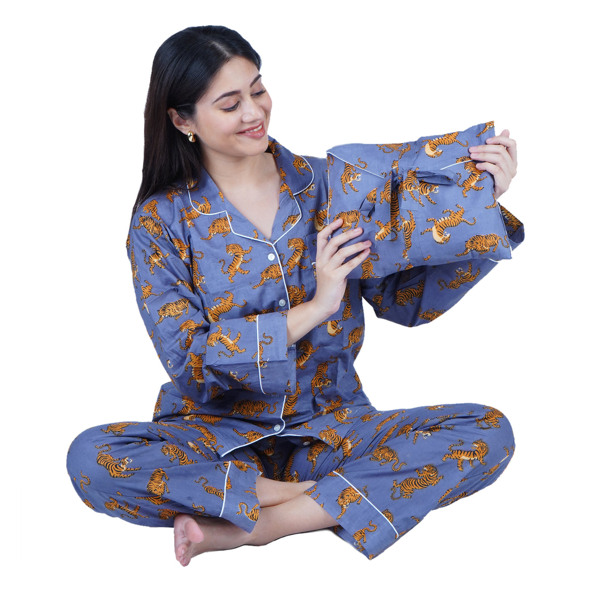 Long Cotton Pyjama Set - Tiger Print