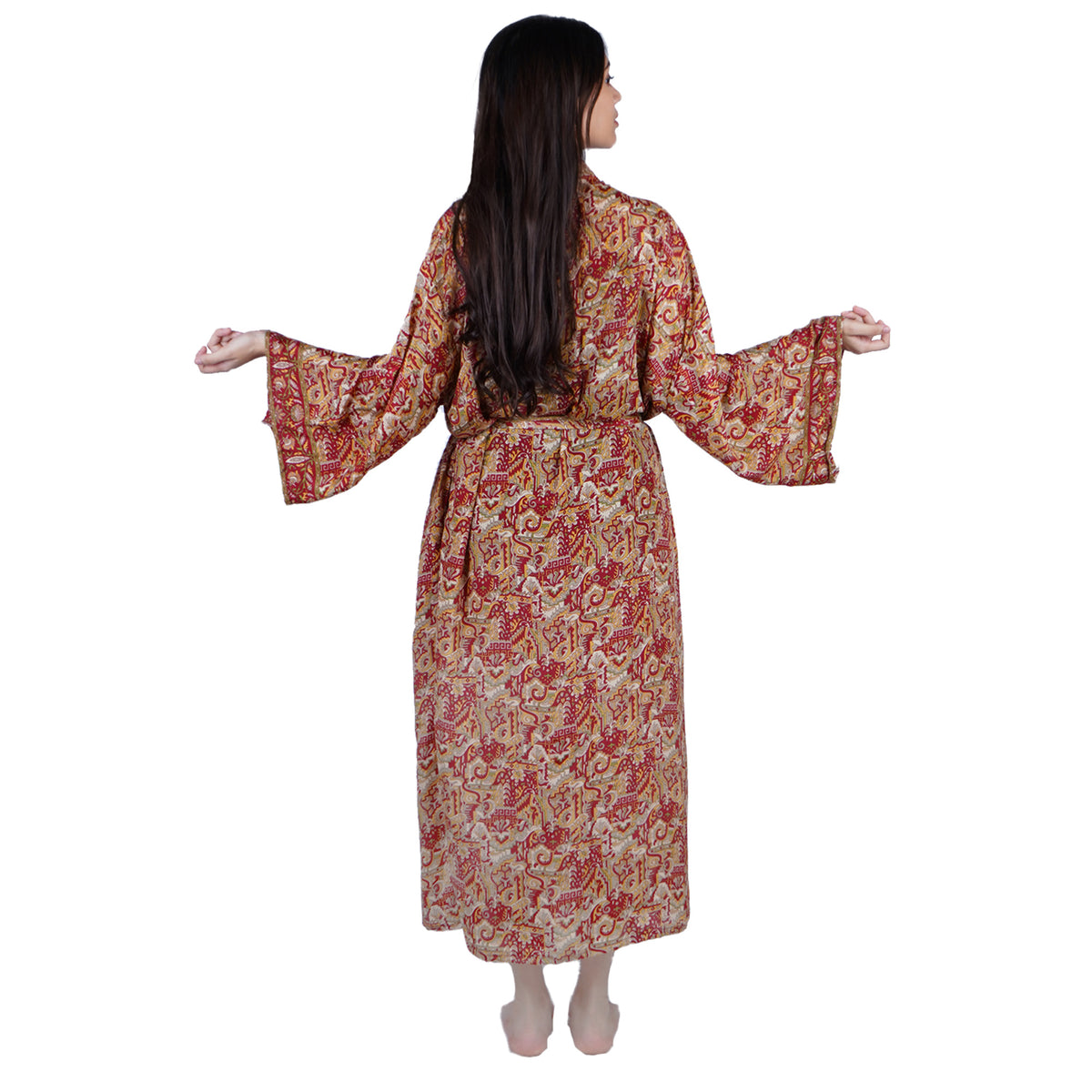 New Luxury Silk Boho Kimono House Robe - Red Floral