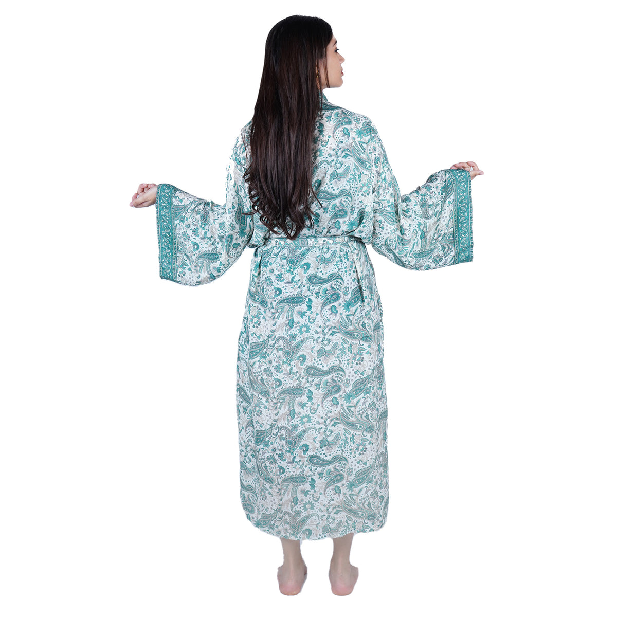 New Luxury Silk Boho Kimono House Robe - Teal Green And White Paisley