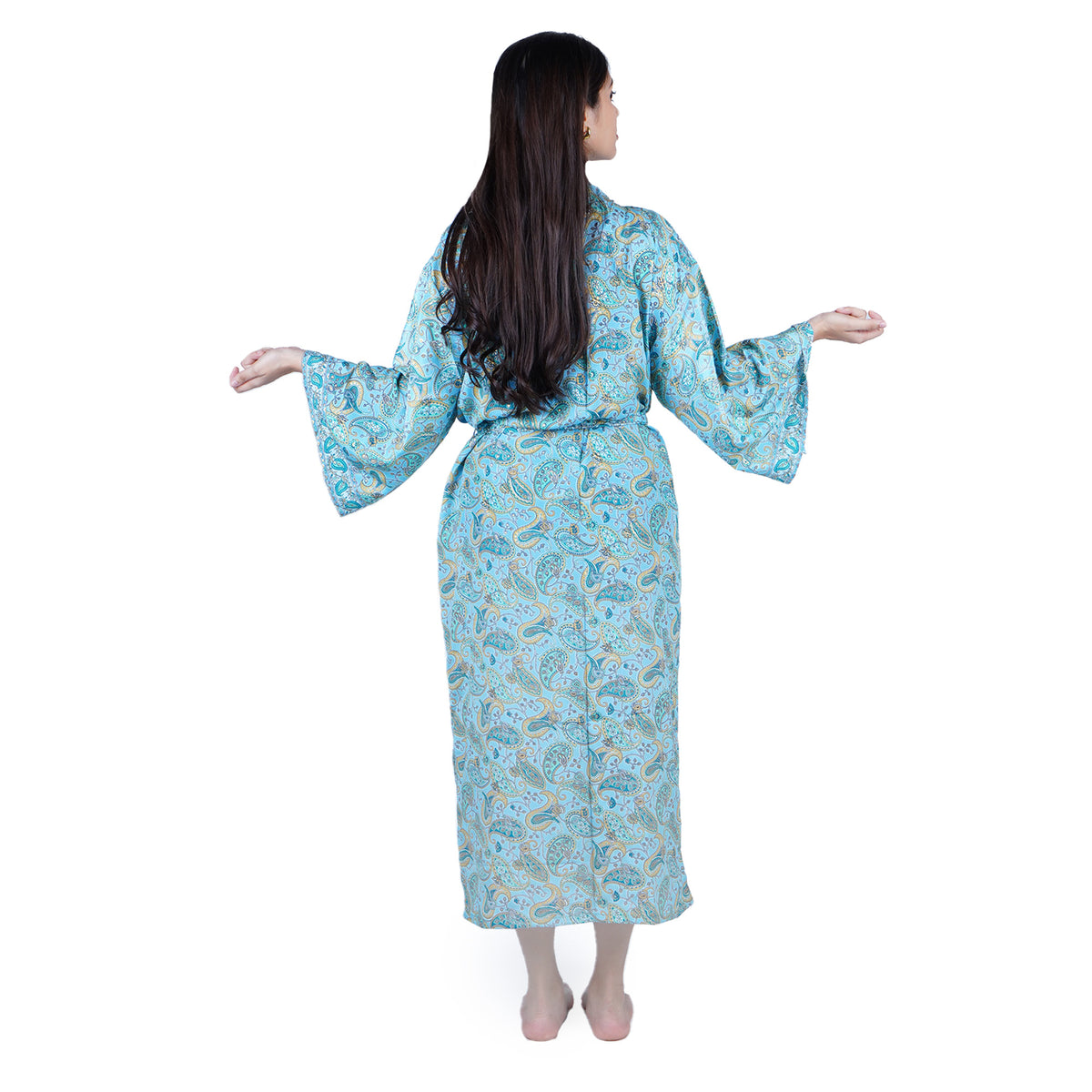 New Luxury Silk Boho Kimono House Robe - Sky Blue Paisley