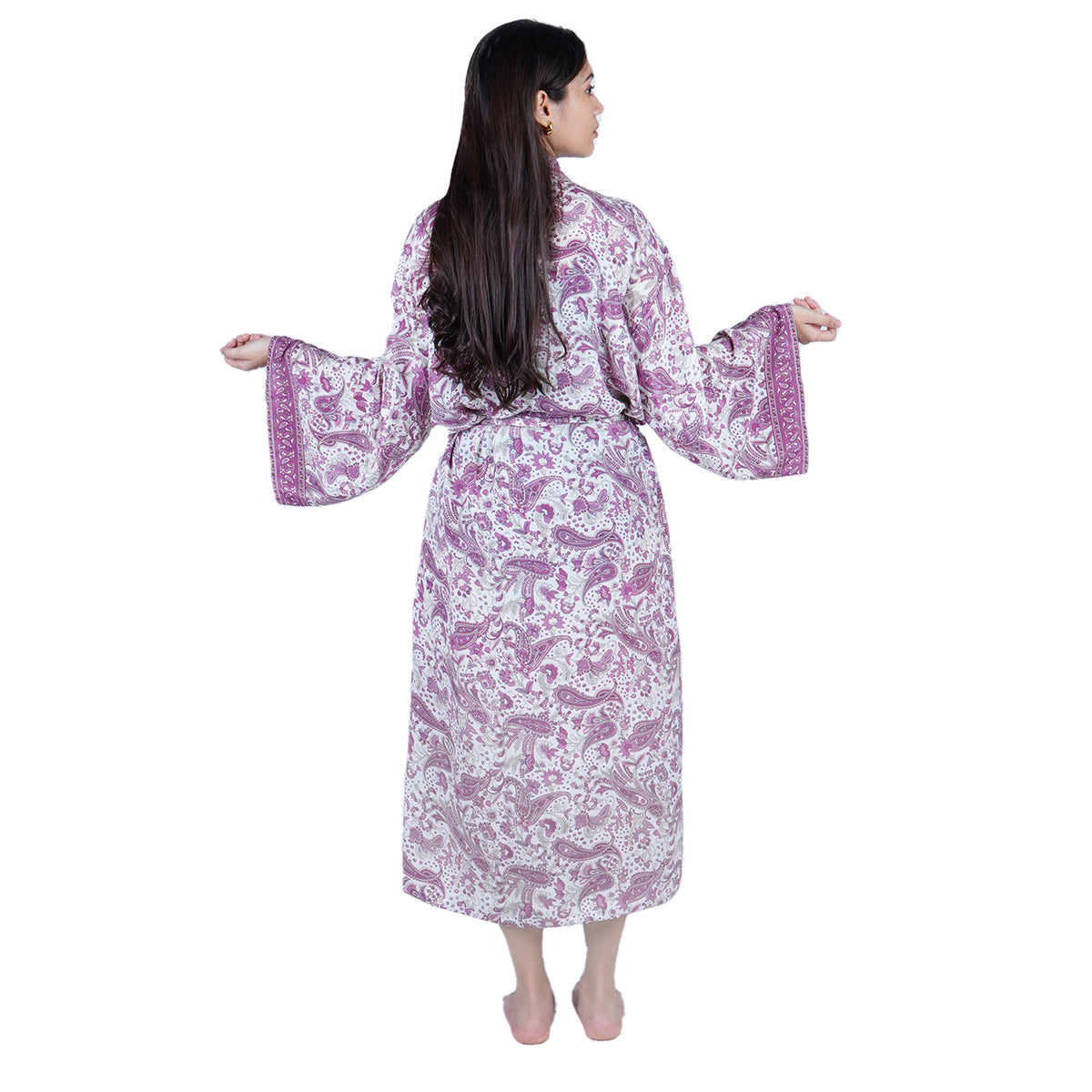 New Luxury Silk Boho Kimono House Robe - Purple White Paisley