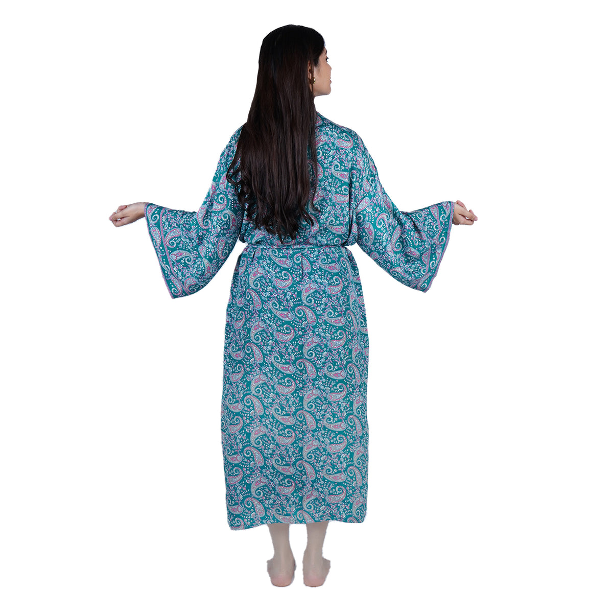 New Luxury Silk Boho Kimono House Robe - Teal Blue Paisley