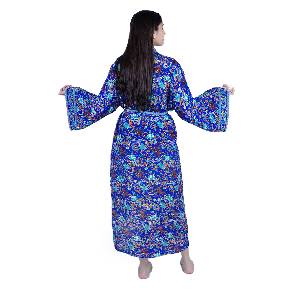 New Luxury Silk Boho Kimono House Robe - Royal Blue Floral