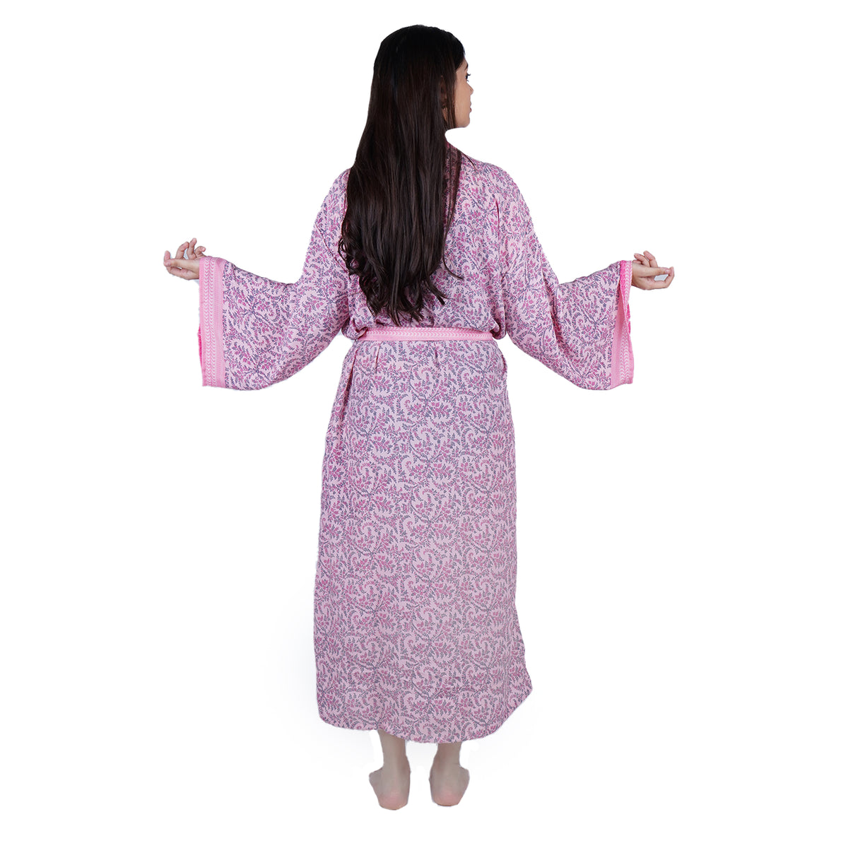 New Luxury Silk Boho Kimono House Robe - Pink Floral