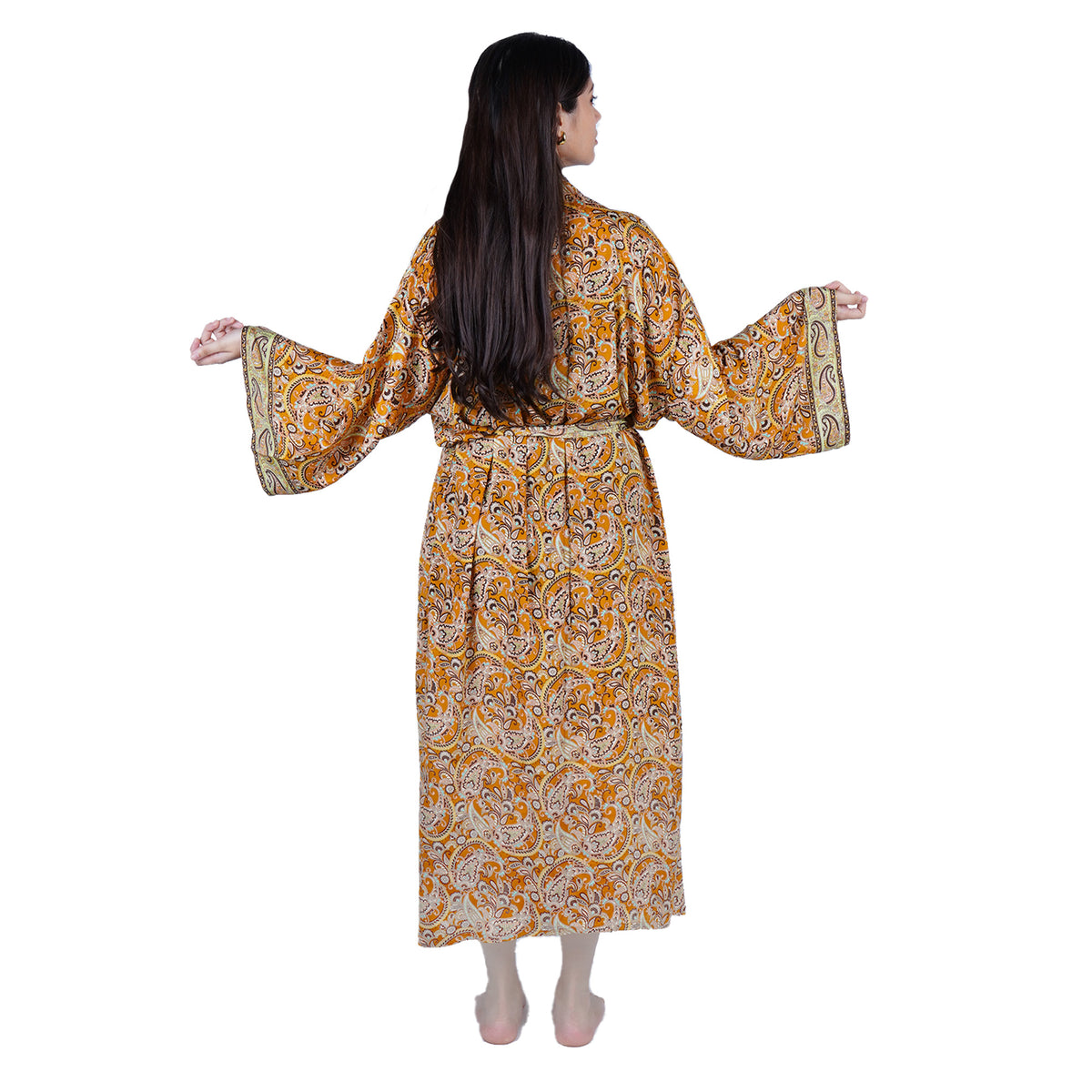 New Luxury Silk Boho Kimono House Robe - Mustard Yellow Paisley