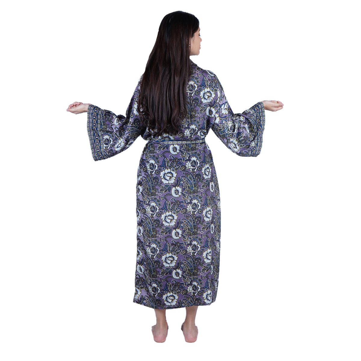 New Luxury Silk Boho Kimono House Robe - Purple Blue Floral