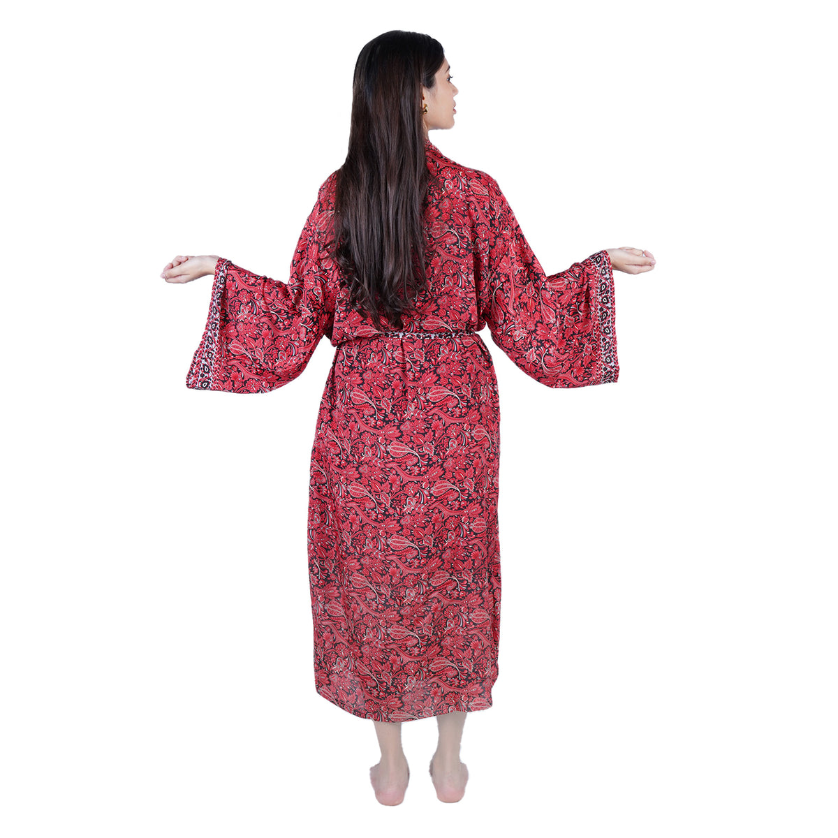 New Luxury Silk Boho Kimono House Robe - Red Black Floral