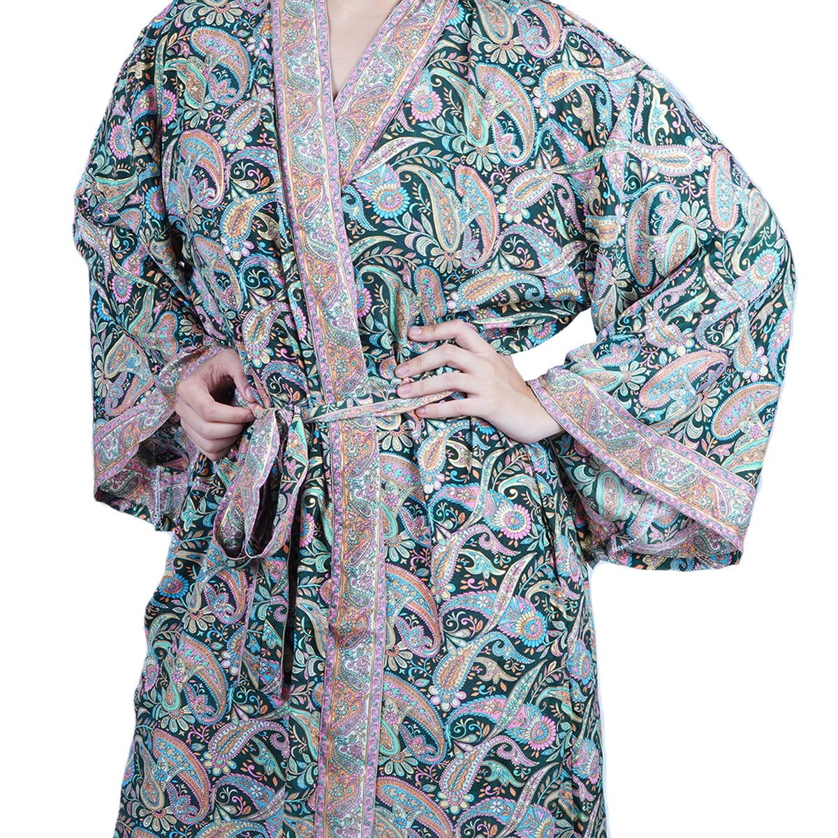 New Luxury Silk Boho Kimono House Robe - Black Paisley