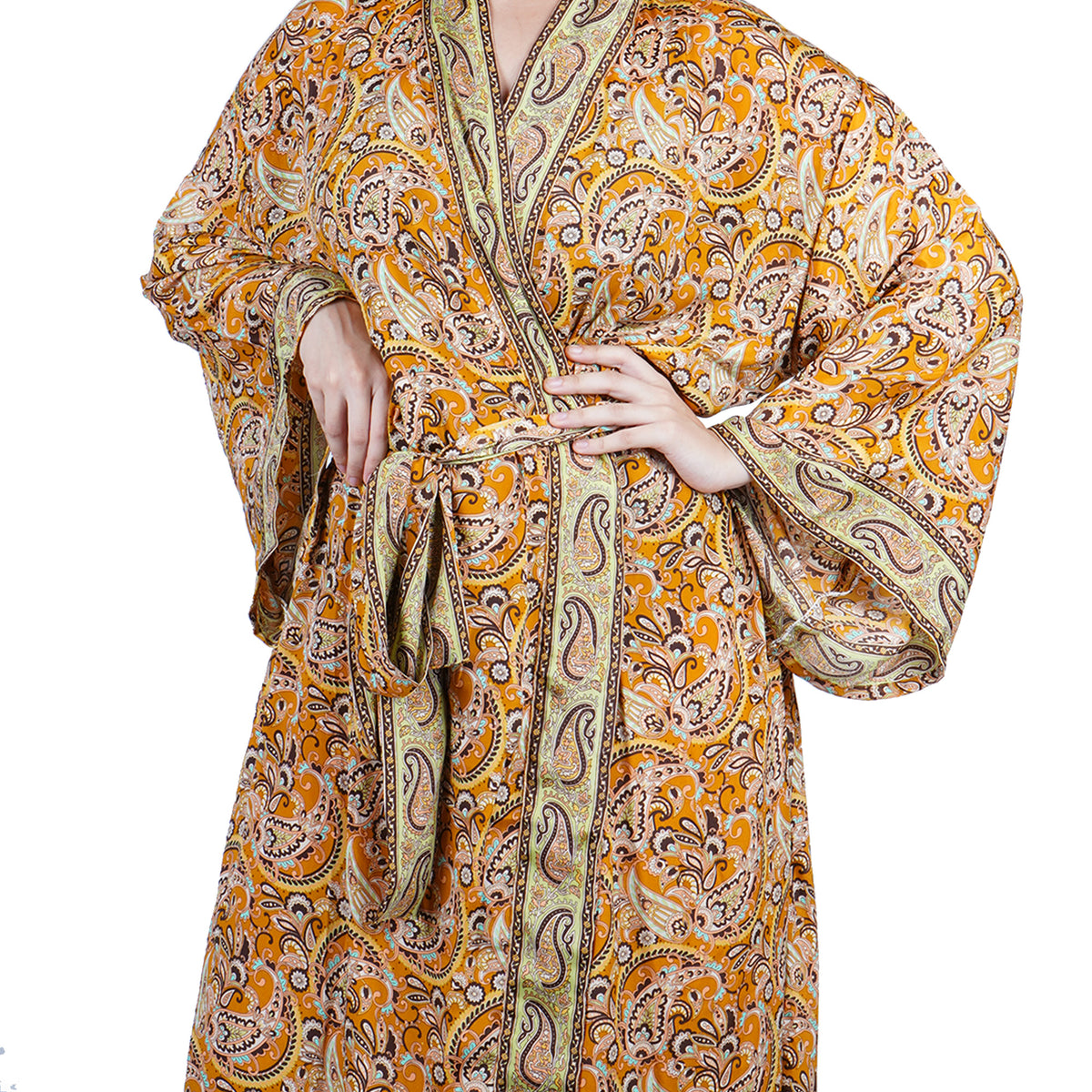 New Luxury Silk Boho Kimono House Robe - Mustard Yellow Paisley