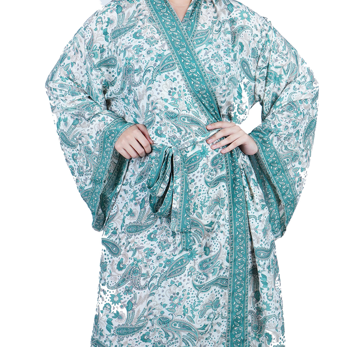 New Luxury Silk Boho Kimono House Robe - Teal Green And White Paisley