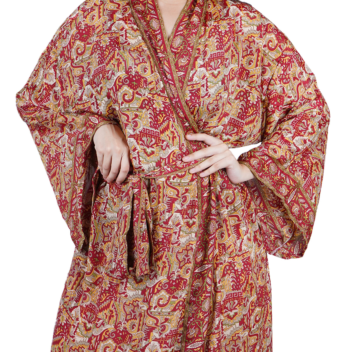 New Luxury Silk Boho Kimono House Robe - Red Floral