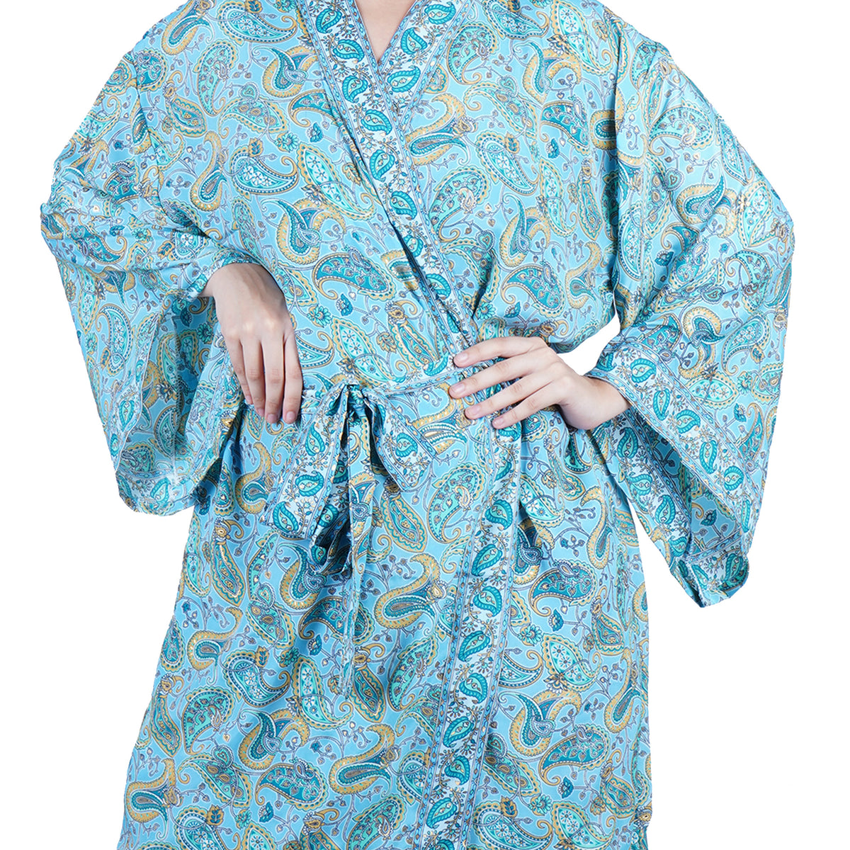 New Luxury Silk Boho Kimono House Robe - Sky Blue Paisley