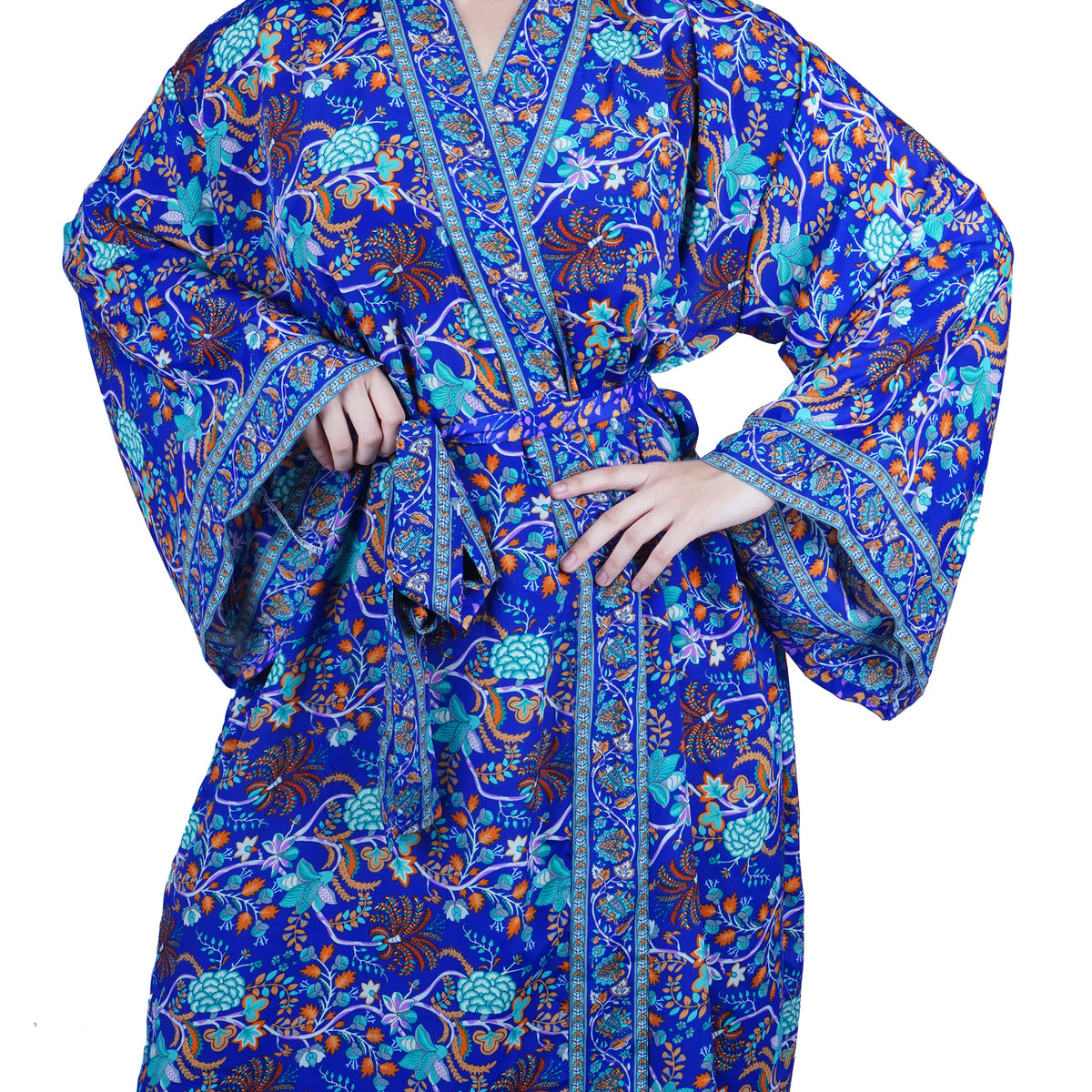 New Luxury Silk Boho Kimono House Robe - Royal Blue Floral