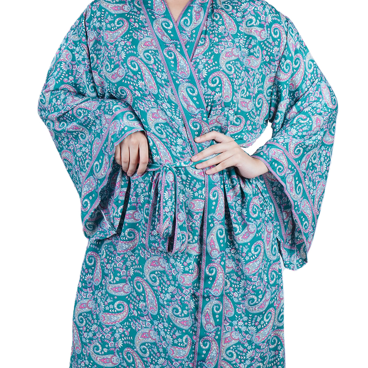 New Luxury Silk Boho Kimono House Robe - Teal Blue Paisley