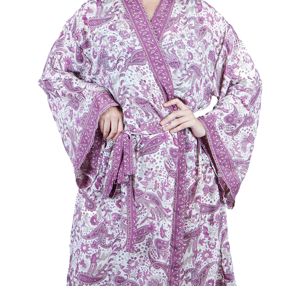 New Luxury Silk Boho Kimono House Robe - Purple White Paisley