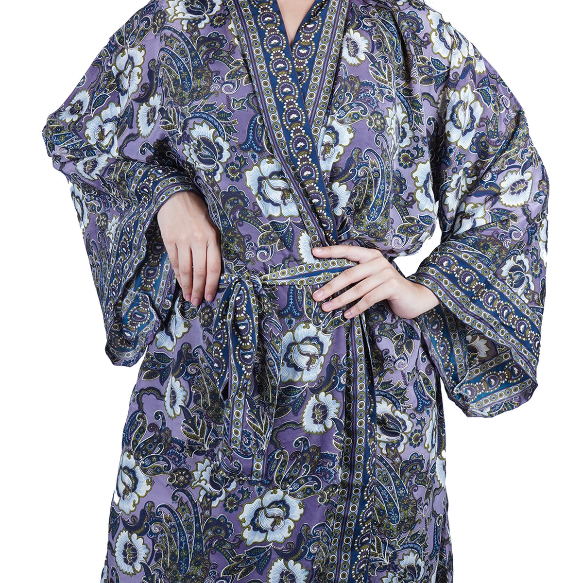 New Luxury Silk Boho Kimono House Robe - Purple Blue Floral